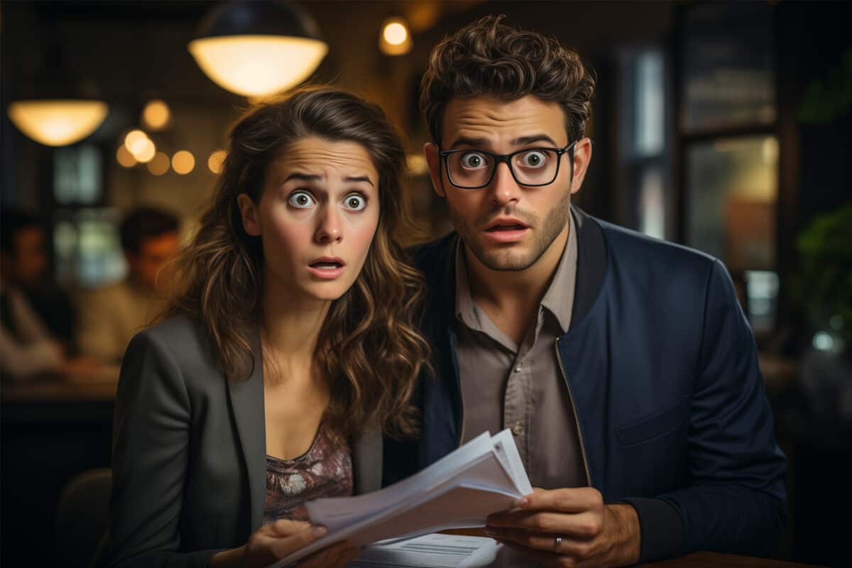 Astonished and confused couple applying for marriage license at government office