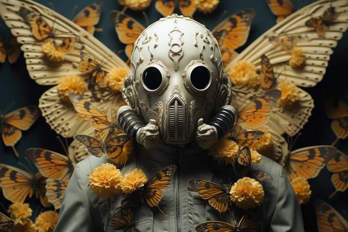 Man in mask surrounded by butterflies, symbolizing metamorphosis