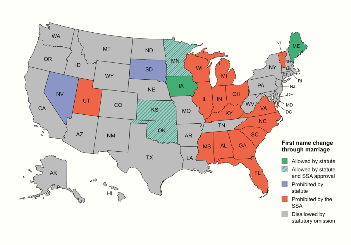 Map of the United States showing where a first name change through marriage is allowed and prohibited