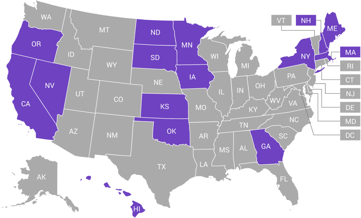 U.S. map highlighting the 15 states whose marriage license application asks for your new married name