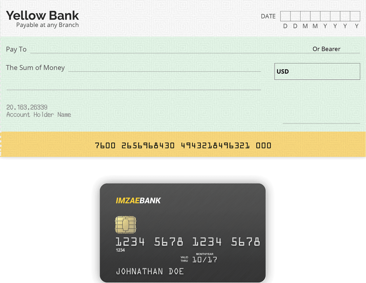 Mock checkbook and debit card