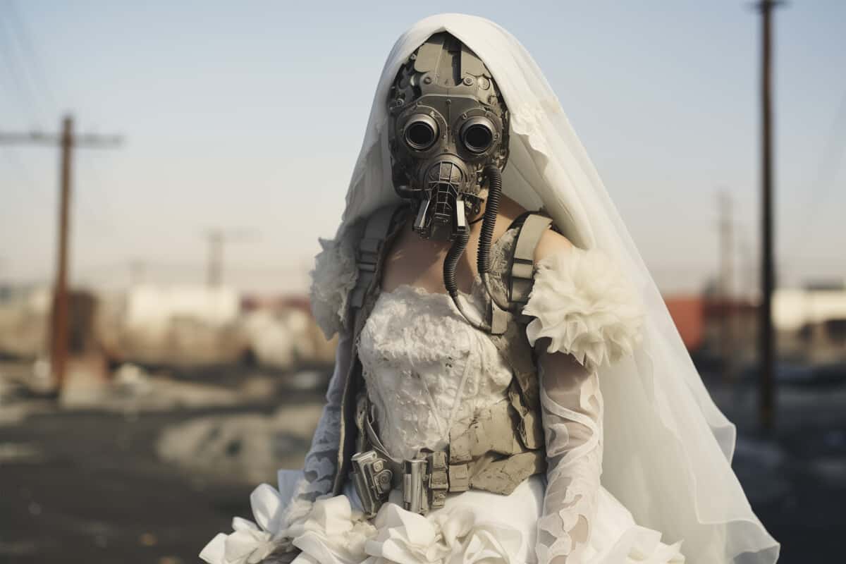 Post-apocalyptic bride wearing a gas mask and bridal gown in dystopian landscape