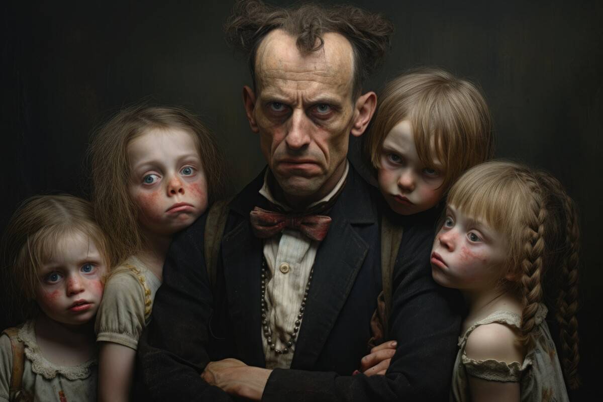 Sullen man surrounded by emotive, little stepchildren