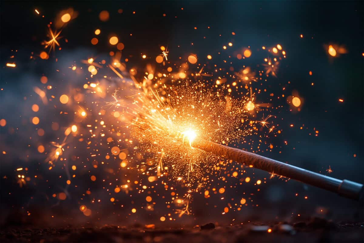 Vibrant, sparkling firework illuminating against a mysterious, dark backdrop