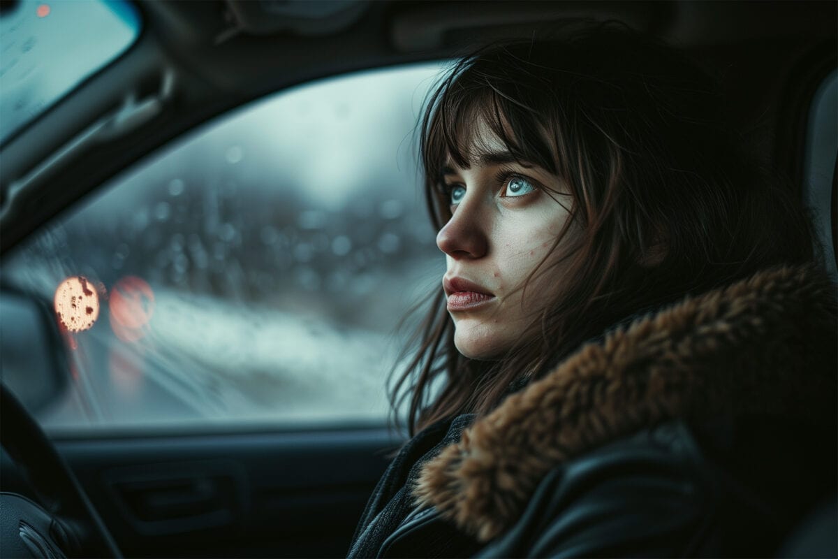 Woman driving car on a rainy day glimpses an ominous sight in the rearview mirror