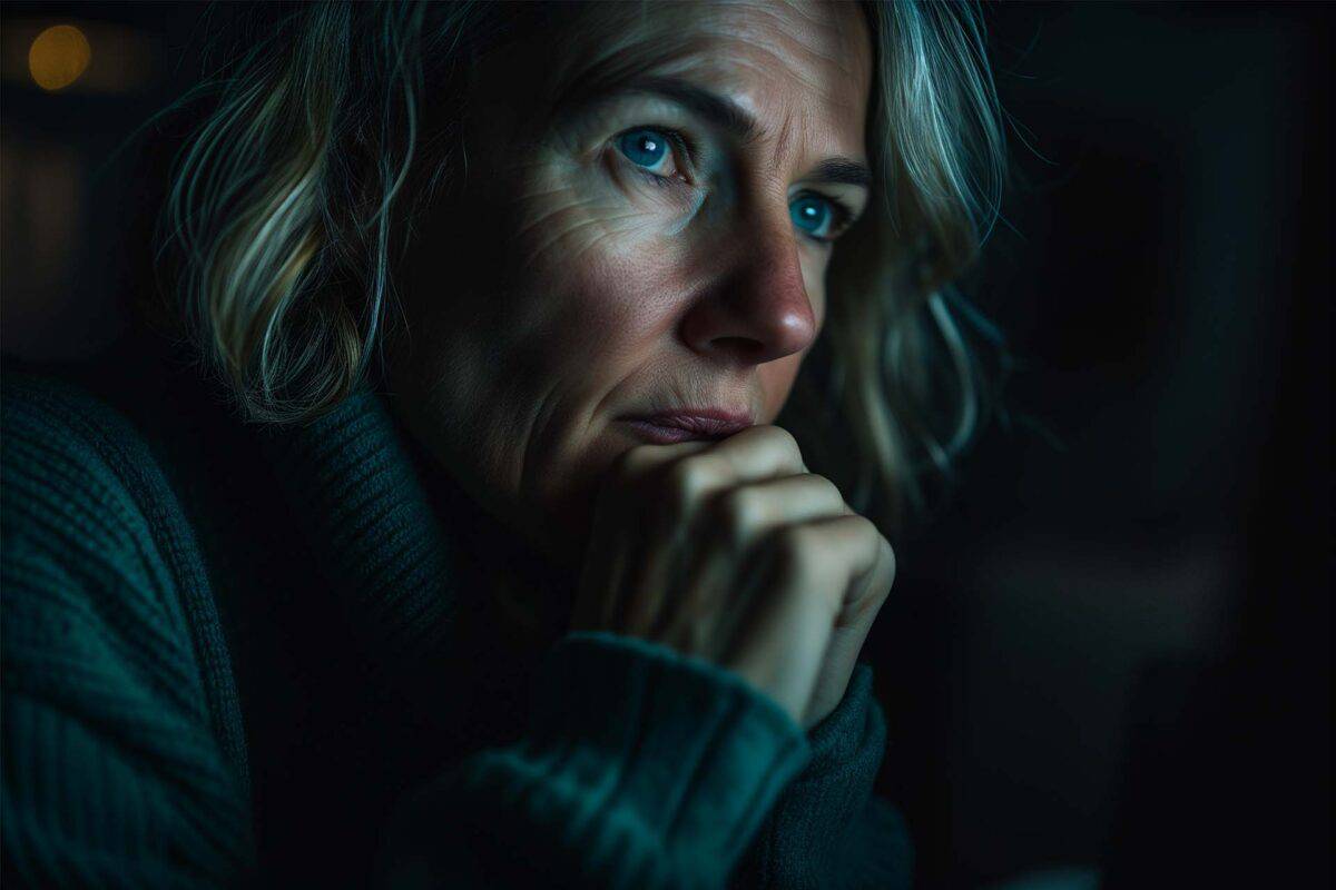 Woman sitting in the dark, deep in contemplation, hands clenched in nervous anticipation, awaiting news