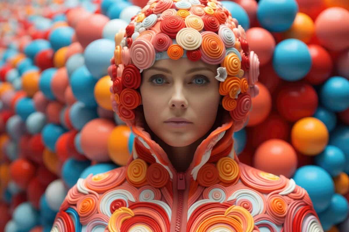 Woman wearing colorful hat in front of vibrant background